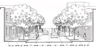 Schematic cross-section of a mixed use street from the Sarasota County, Florida Form-Based Code.