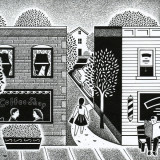 a small town downtown; illustration by Paul Hoffman for PlannersWeb