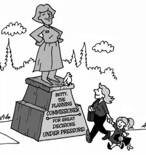 A statue honoring a planning commissioner. Illustration by Marc Hughes for PlannersWeb