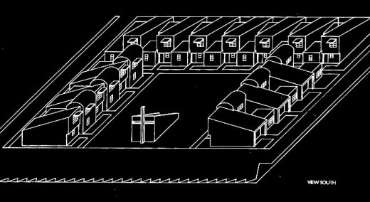 Isometric drawing of Daybreak Grove. The structure in the foreground is a combination “ampitheater” / laundry facility which serves as a spot where residents congregate.