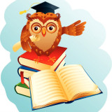 illustration of a wise owl standing on stack of books