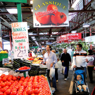Inside busy farmers market in Montreal