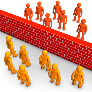 graphic of brick wall separating people on both sides