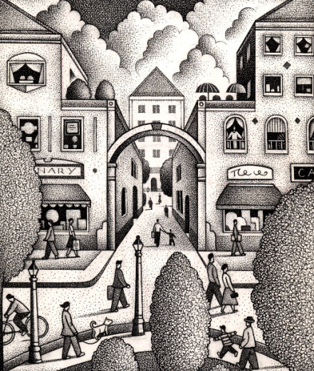 Illustration of a town center by Paul Hoffman for PlannersWeb
