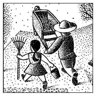 illustration of girl with rake and person with wheelbarrow in garden; by Paul Hoffman for PlannersWeb