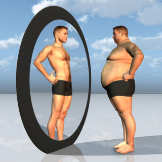 photo of fat person seeing himself in mirror as thin person
