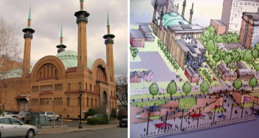 Photo and rendering of the Irem Temple in Wilkes-Barre