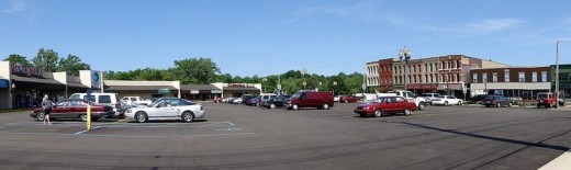 Parking lot serving downtown Niles shopping plaza