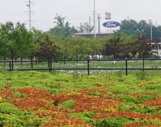 Plantings and trees in front of the River Rouge assembly plant