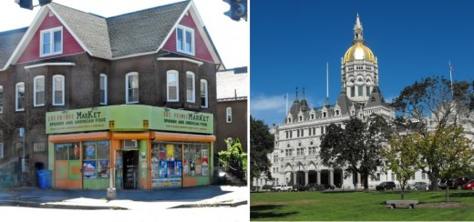 Connecticut State Capitol building and corner grocer in nearby Frog Hollow neighborhood.