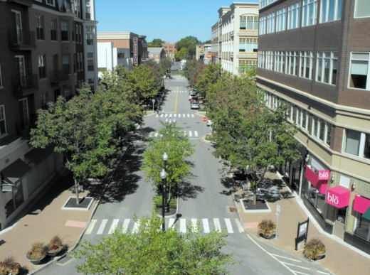 View of Isham Road from garage roof in West Hartford's Blue Back Square