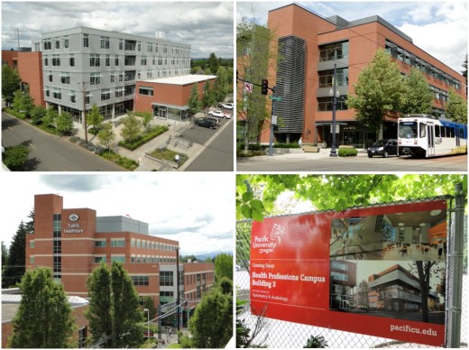 Views of the health campus, near the Tuality Hospital light rail stop. Top row are photos of Pacific University; bottom left is Tuality hospital; bottom right is sign announcing construction of another building by Pacific University, directly across from the light rail stop. Photos by Wayne Senville.