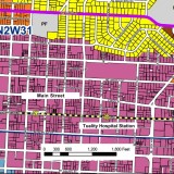 Segment of Hillsboro's comp plan map. Click on image to view it at larger size. The light purple identifies part of the downtown district. The * symbols show the location of the light rail stations.