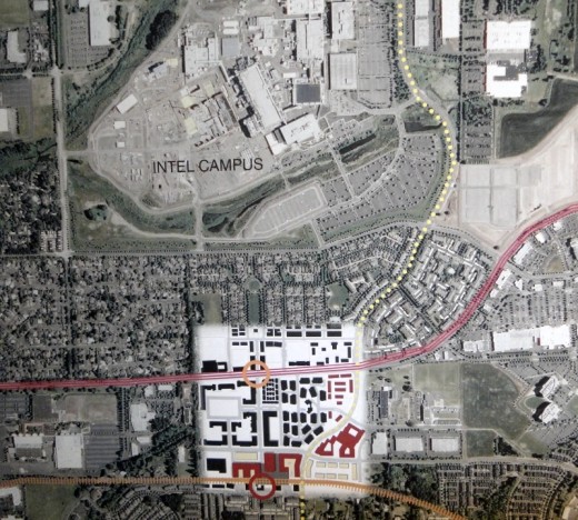 This aerial map shows most of the Orenco development. On the south, the red circle shows the location of the light rail stop (there is more housing south of this); the yellow circle shows the location of the commercial Town Center on NE Cornell Road, a major arterial. The massive Intel facility is adjacent to the Orenco development to the north.