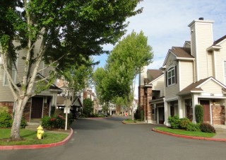 Above: Medium density housing on skinny streets; below: lower density housing closer to Orenco's Central Park.