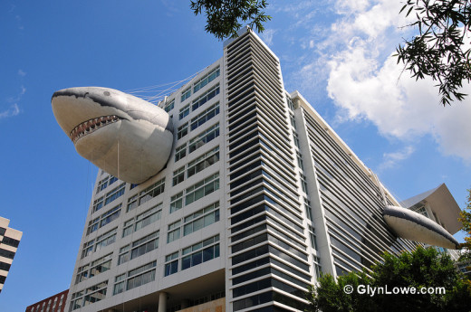 Shark Week. A massive inflatable Great White Shark in 5 pieces adorns the Discovery Channel HQ building in Silver Spring, Maryland. Photo by Glyn Lowe Photoworks; Flickr Creative Commons license.