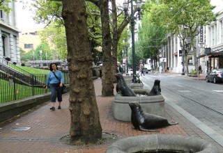 It's all in the details. Playful sculpture along Street downtown; and part of rock garden in Portland's Japanese Garden.