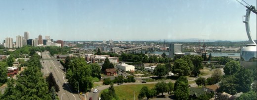 Panoramic view of the Willamette River and downtown Portland taken from the aerial tram. 