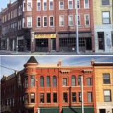 Also in Hamilton, New York, the Nicols-Beal building. In addition to cleaning the brick masonry façade, paint was cleverly used to call attention to the turret cornice and minimize modern window elements in the storefront and upper floors; a new awning was also used to call attention to the storefront and conceal the modern, non-historic aluminum windows in the storefront.