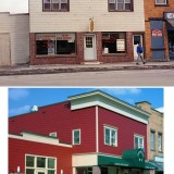 This underutilized pair of commercial buildings in Utica, New York, was updated with a whole new color and look, including a new cornice, siding, windows, doors, awning, detailing and other signage. New tenants included offices for a local initiative and a Chinese restaurant relocated from a nearby space.