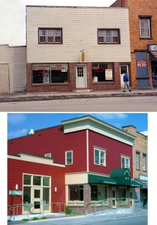 This underutilized pair of commercial buildings in Utica, New York, was updated with a whole new color and look, including a new cornice, siding, windows, doors, awning, detailing and other signage. New tenants included offices for a local initiative and a Chinese restaurant relocated from a nearby space.