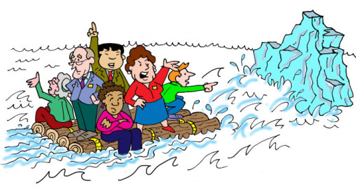 Illustration by Marc Hughes for PlannersWeb of people on a raft headed into an iceberg