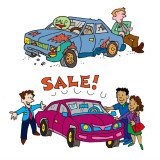 Illustration by Marc Hughes for PlannersWeb - two cars for sale at car dealership