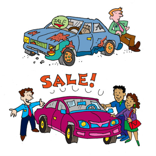 Illustration by Marc Hughes for PlannersWeb - two cars for sale at car dealership