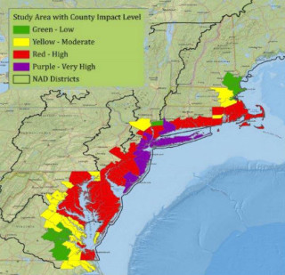 Map by U.S. Army Corps of Engineers assessment of relative magnitude of damage from Hurricane Sandy.