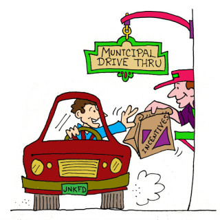 Municipal drive thru for incentives. Illustration by Marc Hughes for PlannersWeb